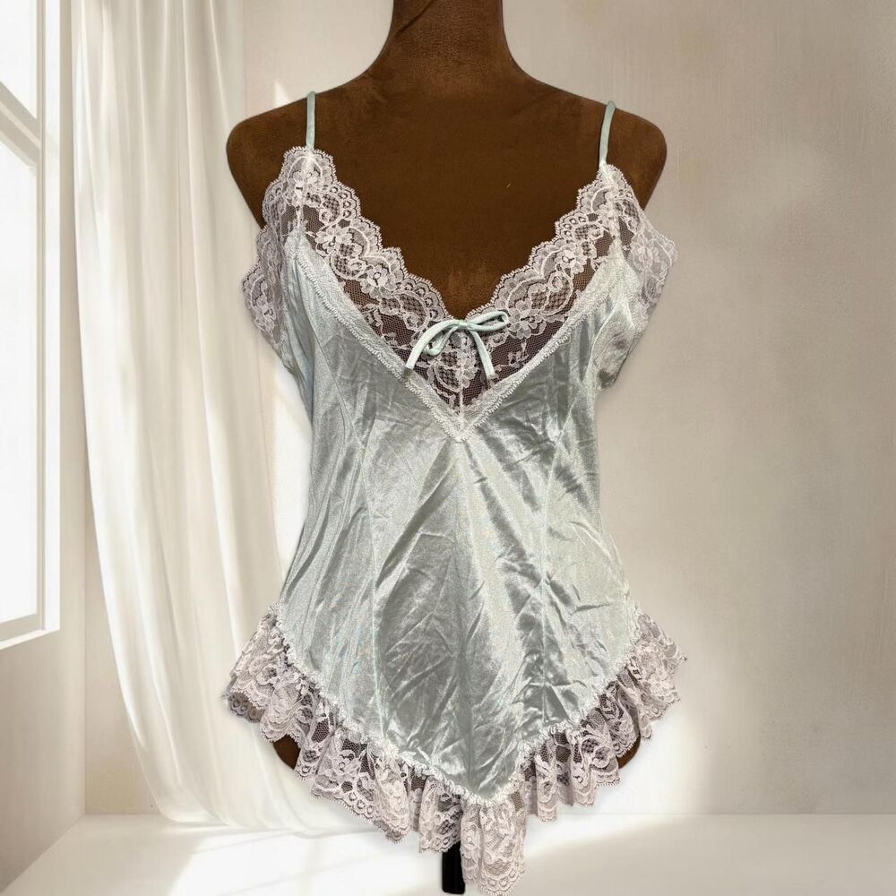 Vintage Romantic Feminine Coquette Girly  Light Blue Lace Trim Lingerie Tank Top